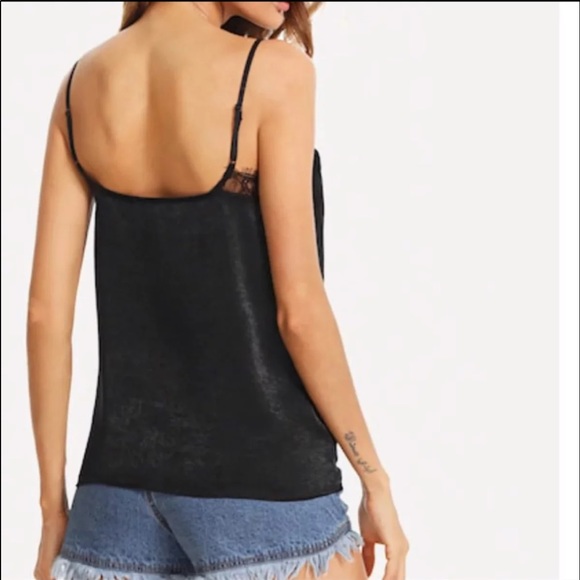 Black Satin Sexy Lace Trim Cami Tank Top - Picture 2 of 5